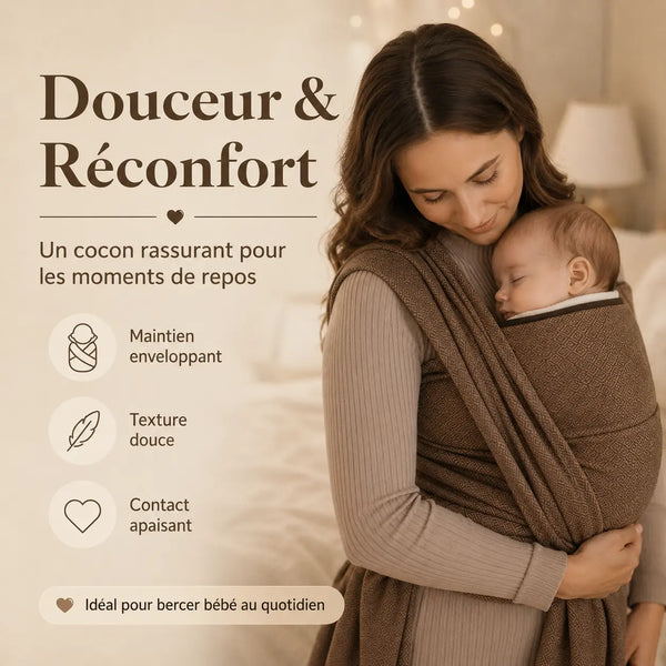 Écharpe de portage Storchenwiege Leo Café - maman portant bébé en intérieur élégant