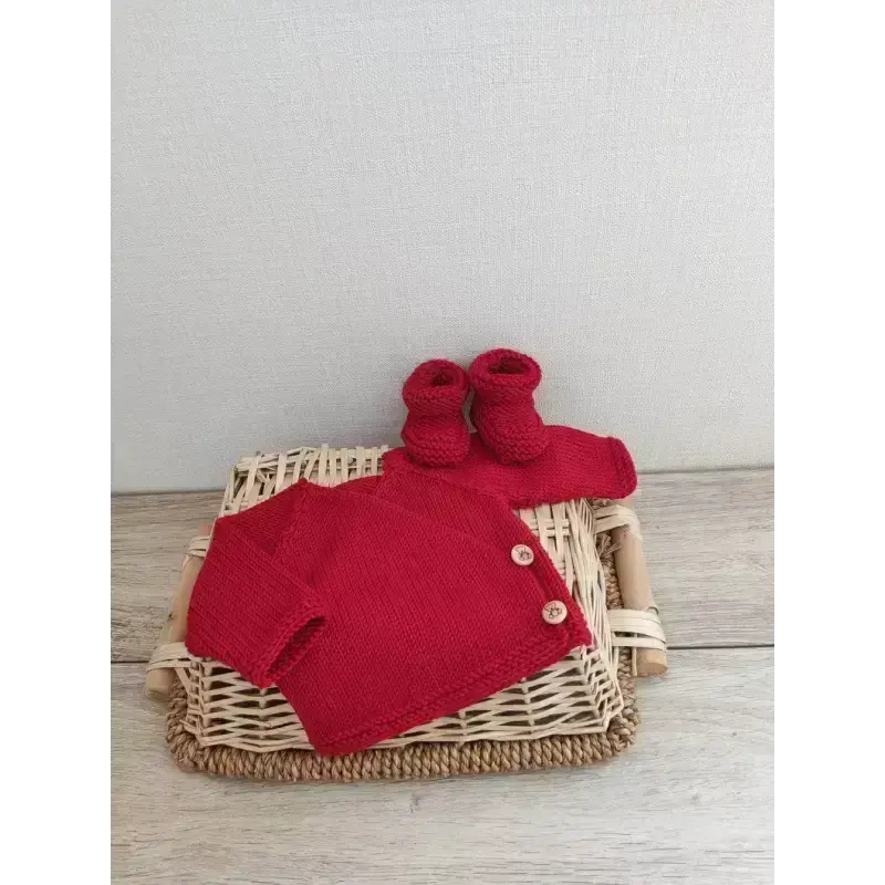 Ensemble Gilet & Chaussons Bébé Fait Main - Taille 1-3 Mois, Rouge & Beige, Neuf