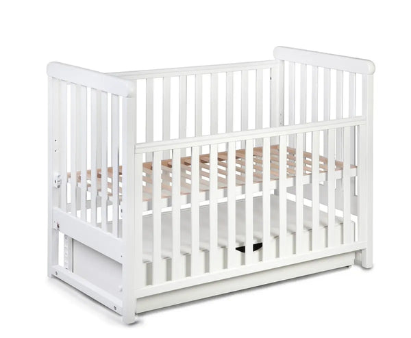 Lit bébé évolutif Lumière Blanc - vue 3/4 avec côté abaissable