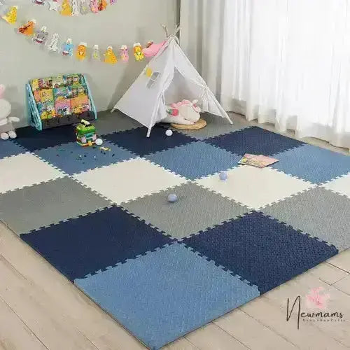 Tapis Puzzle Bébé - Bleu + Gris + Blanc / 24pcs