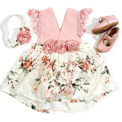 Dusty Rose Baby Girl Floral Romper avec bandeau